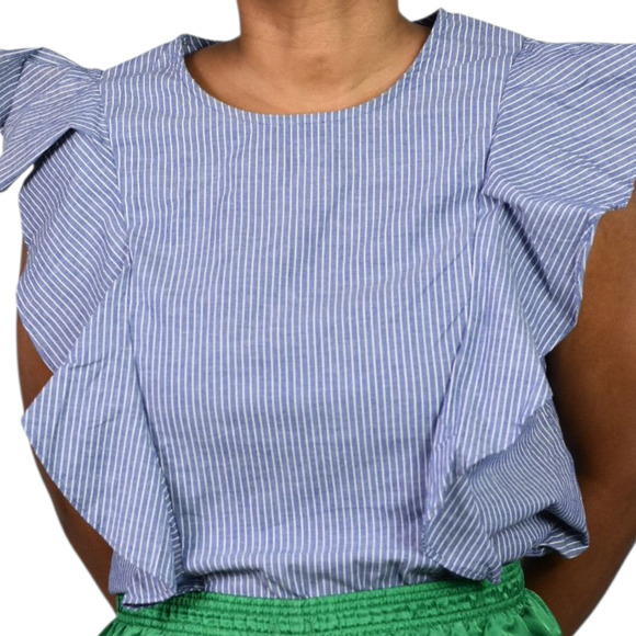 Guest Editor Flutter Sleeve Top Blue Pinstripe Stripe Cotton Blouse Medium - Picture 4 of 14
